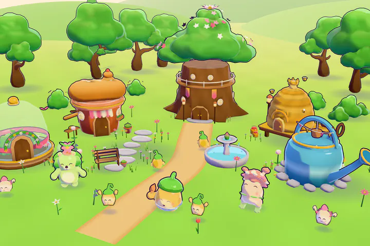 The Grove village: the Seed Hall tree house, the bakery, the beehive, the nursery and the watering-can well, with Pim and friends.